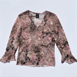 Vintage J.T.B Floral Lace Pink & Black Long Sleeve Bell Sleeve Top Women's Small
